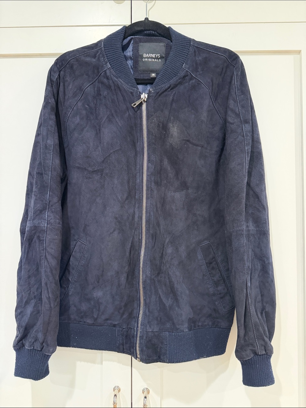 Barneys New York Navy Suede Bomber Jacket